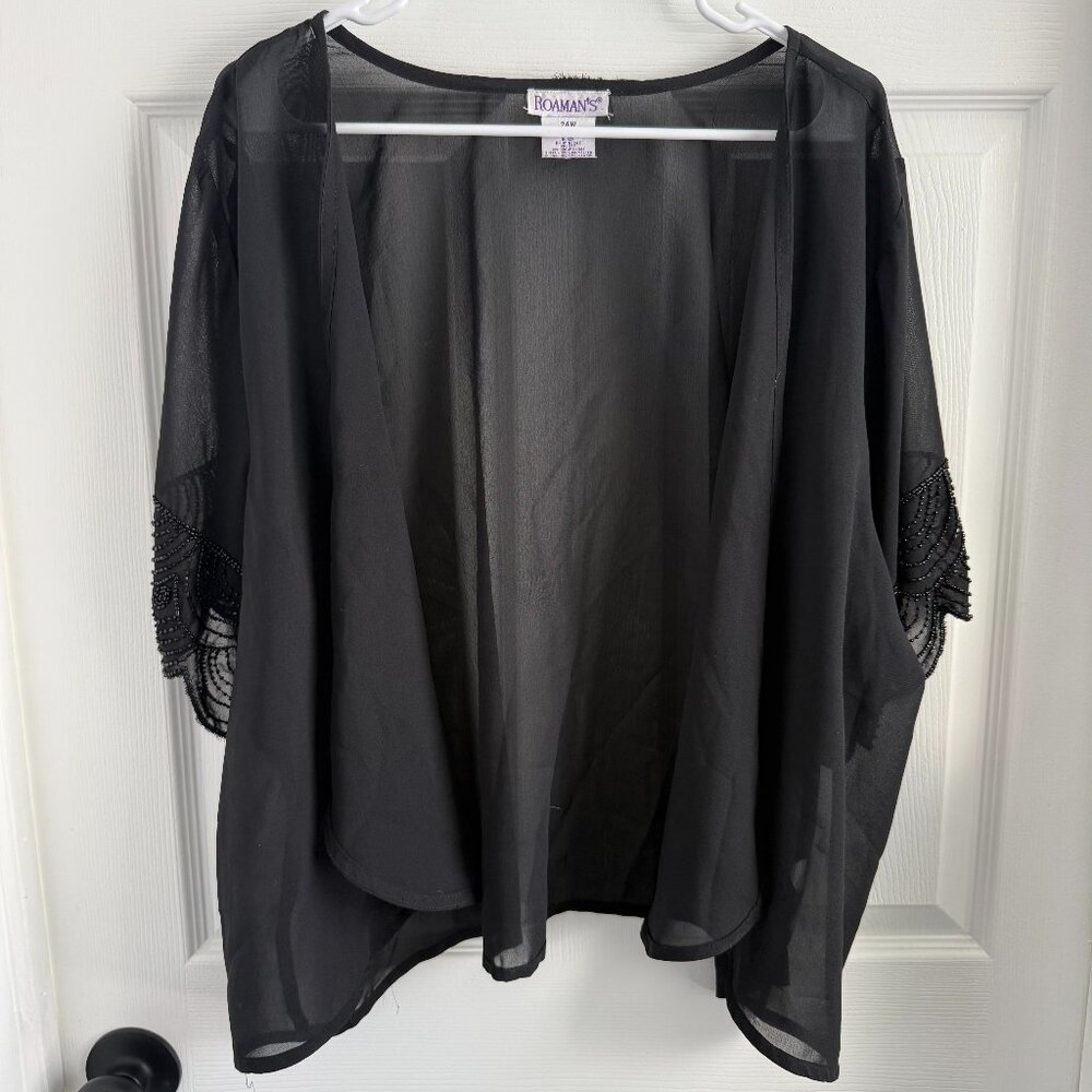 Roaman's Black Semi Sheer Shell Top W/ Beaded Embellished Sleeve Detail Sz 24W